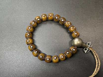 Tibetan Yak Bone Prayer Bead Bracelet, Adjustable, White Brass Guru Bead, Mantra Dot Mala, Fits Most Wrists