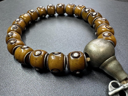 Tibetan Yak Bone Prayer Bead Bracelet, Adjustable, White Brass Guru Bead, Mantra Dot Mala, Fits Most Wrists