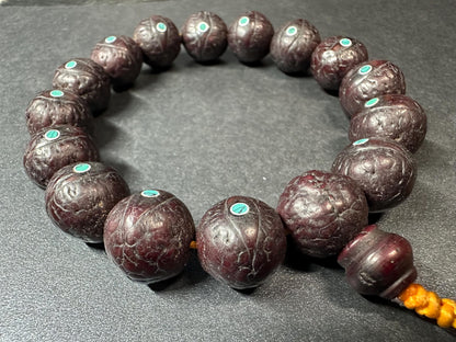 Phoenix Eye Bodhi Seed Mala Bracelet with Turquoise Inlay  16mm Beads, Adjustable for 8-Inch Wrist, Tibetan Buddhist Prayer Beads