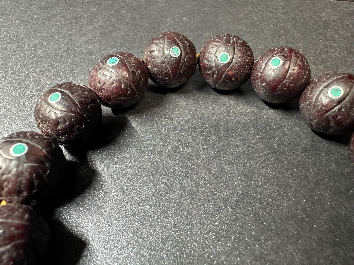 Phoenix Eye Bodhi Seed Mala Bracelet with Turquoise Inlay  16mm Beads, Adjustable for 8-Inch Wrist, Tibetan Buddhist Prayer Beads