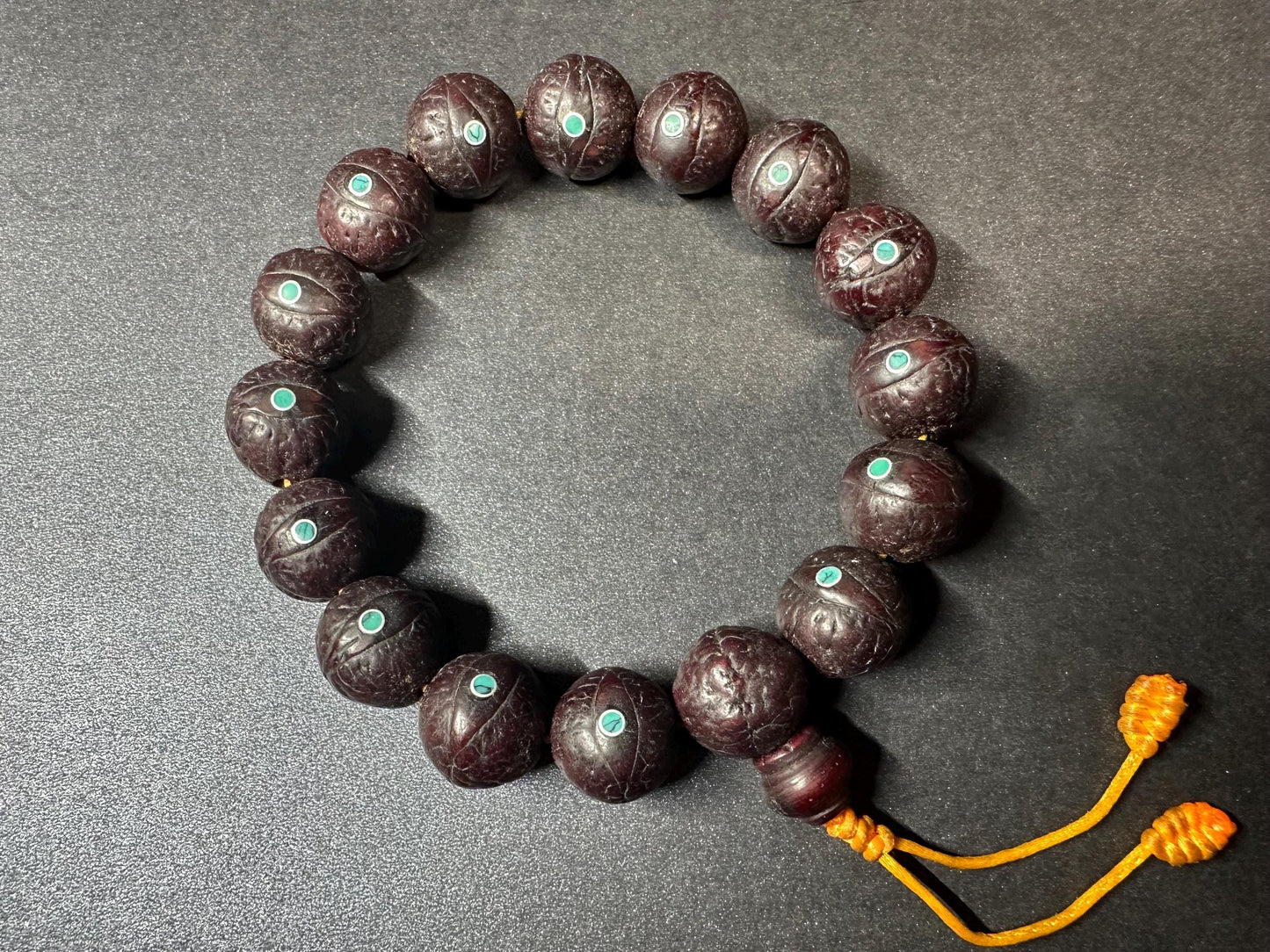 Phoenix Eye Bodhi Seed Mala Bracelet with Turquoise Inlay  16mm Beads, Adjustable for 8-Inch Wrist, Tibetan Buddhist Prayer Beads