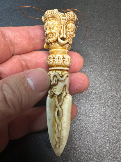 Hand-Carved Deer Antler Phurba | Tibetan Vajrakilaya Ritual Dagger | Buddhist Protector Dagger | Vajra Kila Altar Tool