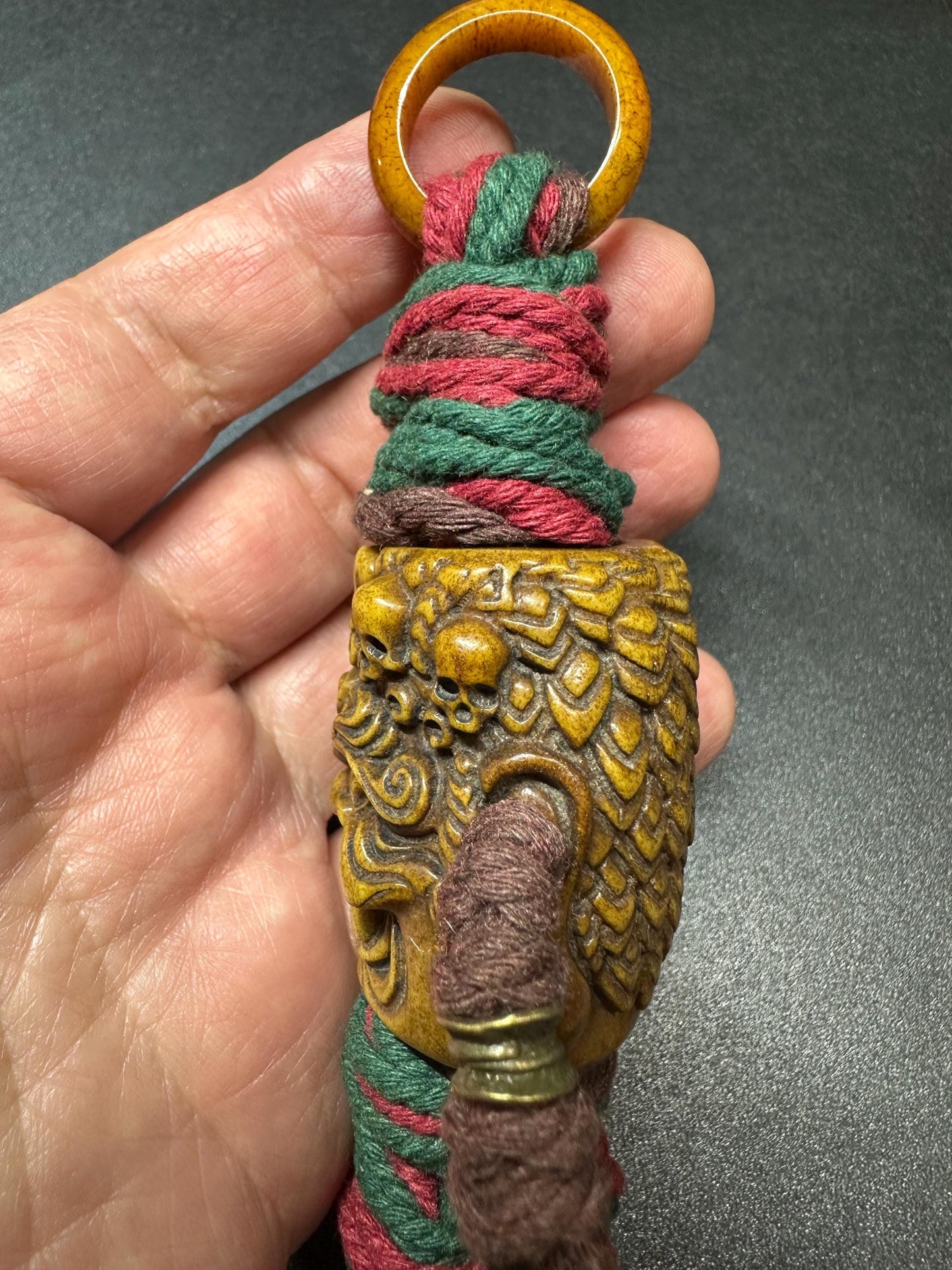 Nepal Tibet HandCarved Yak Bone Fudo Myoo Pendant  Large Wrathful Deity Protection Talisman with Braided Cord