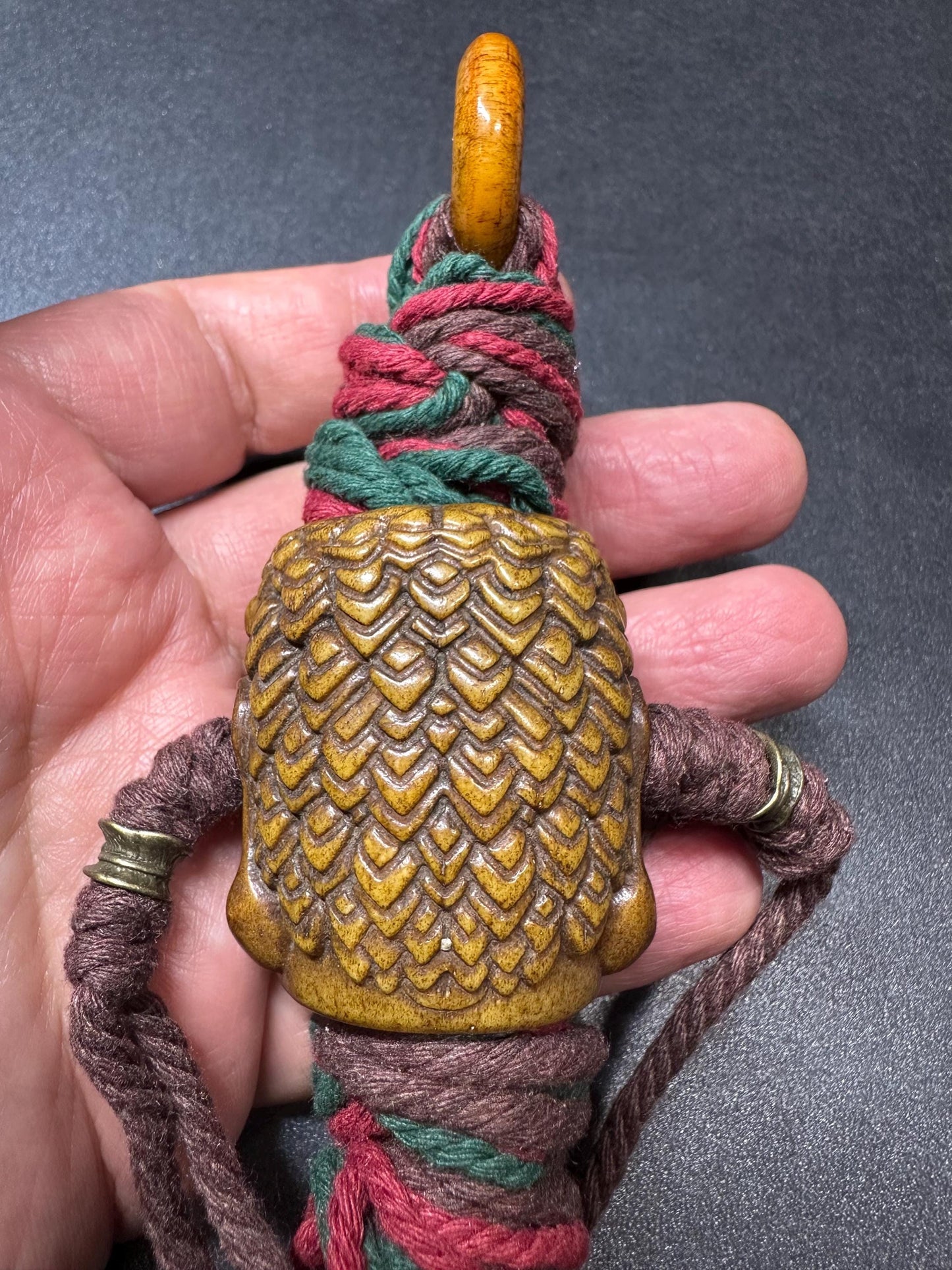 Nepal Tibet HandCarved Yak Bone Fudo Myoo Pendant  Large Wrathful Deity Protection Talisman with Braided Cord