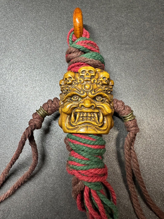 Nepal Tibet HandCarved Yak Bone Fudo Myoo Pendant  Large Wrathful Deity Protection Talisman with Braided Cord