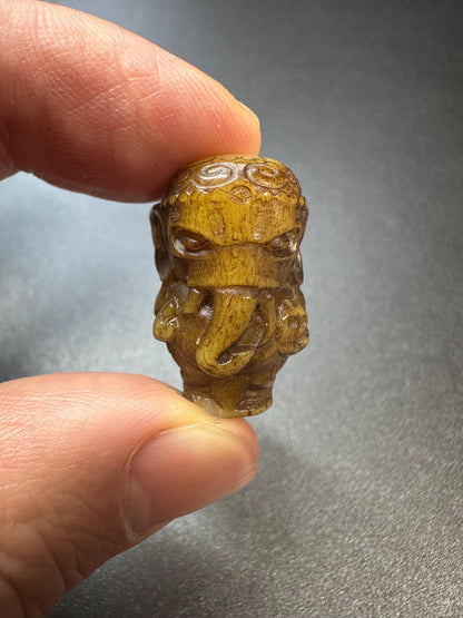 HandCarved Yak Bone Ganesha Guru Bead | Small Tibetan Elephant God Mala Center | 3Hole Buddhist Prayer Focal Bead