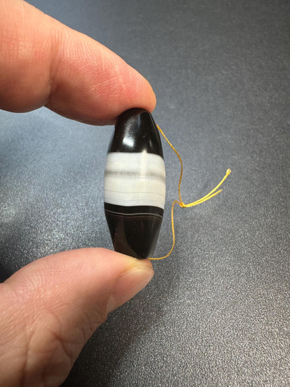 Black & White Banded Agate DziStyle Focal Bead | Oval Stripe Agate Centerpiece for Mala or Necklace | 34 mm Column Gemstone Bead