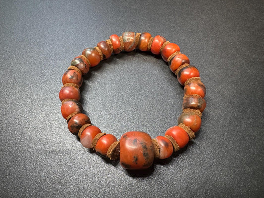 IronLine Red Agate Bracelet | Chunky Tiexian Hong Barrel Beads with Leather Spacers | Rustic Statement Wrist Mala for Up to 9" Wrist
