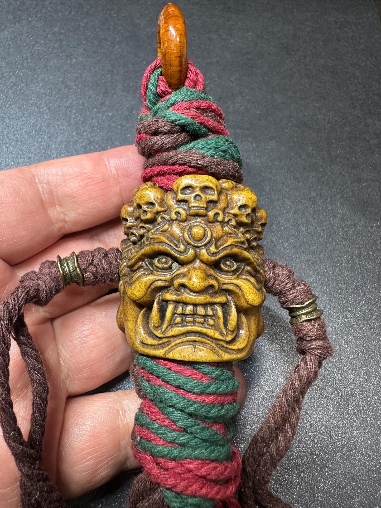 Nepal Tibet HandCarved Yak Bone Fudo Myoo Pendant  Large Wrathful Deity Protection Talisman with Braided Cord