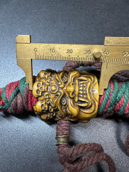 Nepal Tibet HandCarved Yak Bone Fudo Myoo Pendant  Large Wrathful Deity Protection Talisman with Braided Cord