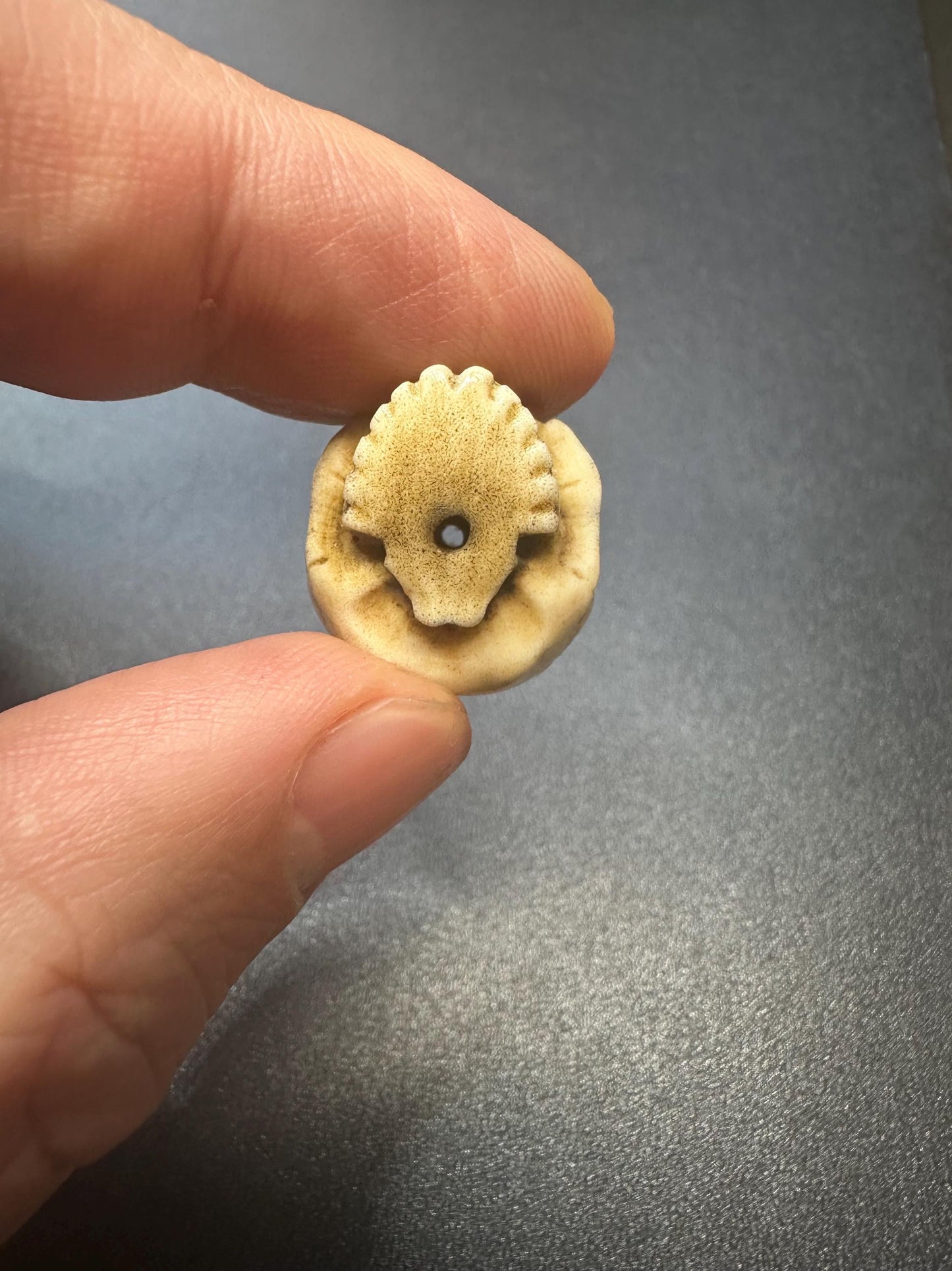 Hand-Carved Antler Citipati Skull Guru Bead with Grasping Hand  Tibetan Charnel Ground Amulet