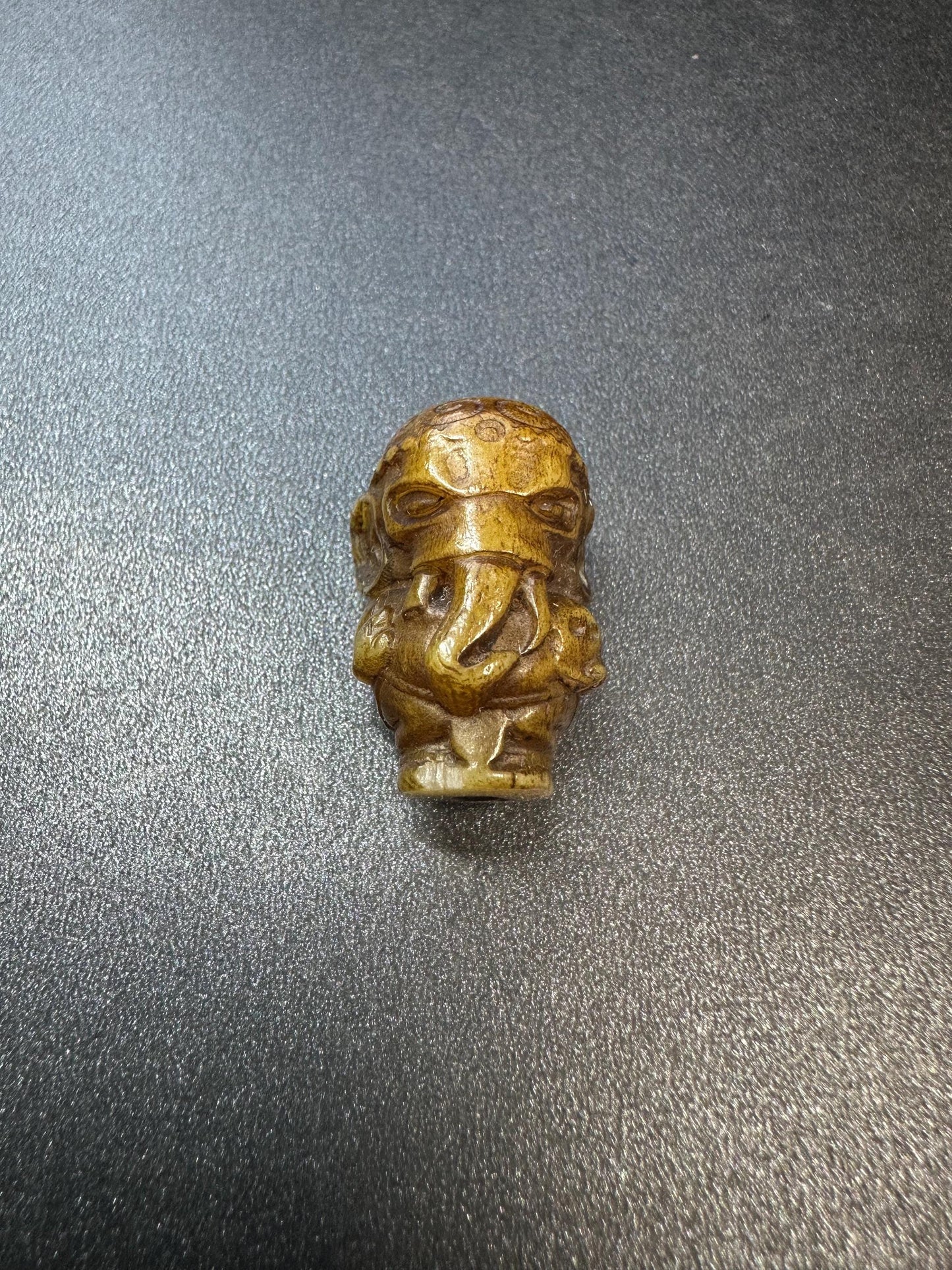 HandCarved Yak Bone Ganesha Guru Bead | Small Tibetan Elephant God Mala Center | 3Hole Buddhist Prayer Focal Bead