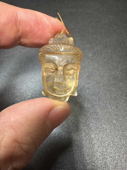 Hand Carved Rock Crystal Buddha Head Pendant, Clear Quartz Amulet for Protection and Peace